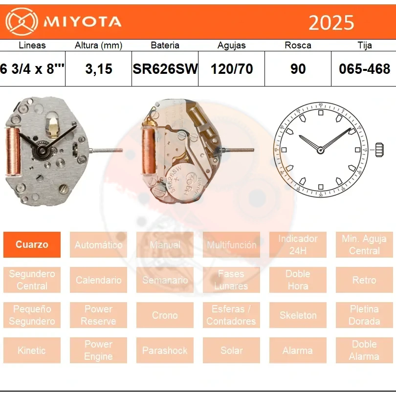 Movimiento Miyota 2025 Sin Segundero