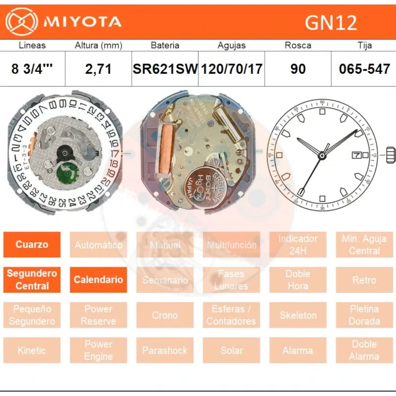 Movimiento Miyota 1N12 (sustituir por Miyota GN12)