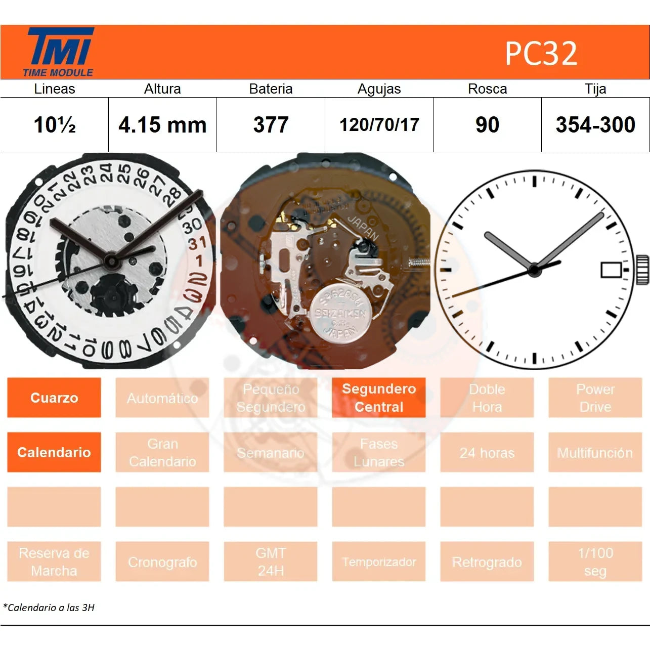 movimiento hattori tmi calibre pc32 calendario a las 3