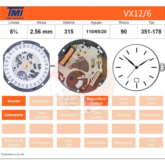 movimiento hattori vx12 con calendario a las 6 horas